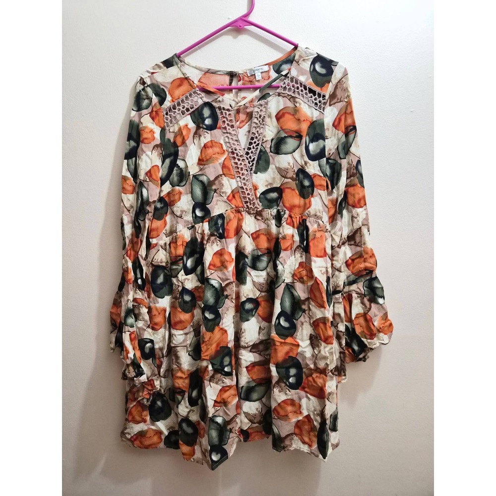 Jodifl Womens Boho Fall Tunic Top Orange Green Leaf Print Ruffle Sleeve Large - Picture 4 of 5